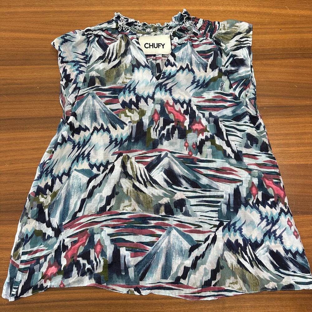 Chufy Mountain Print Sleeveless Lightweight Breezy Top Granola Girl Natural Boho - Picture 3 of 8